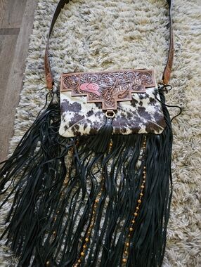 Fringed Cowhide Crossbody Bag with Tooled Leather  Brown & Black